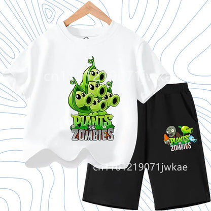 Children's Plants Vs. Zombies Short-Sleeved T-Shirt Set Cotton Summer Fashion Comfortable Top+pants for Boys and Girls