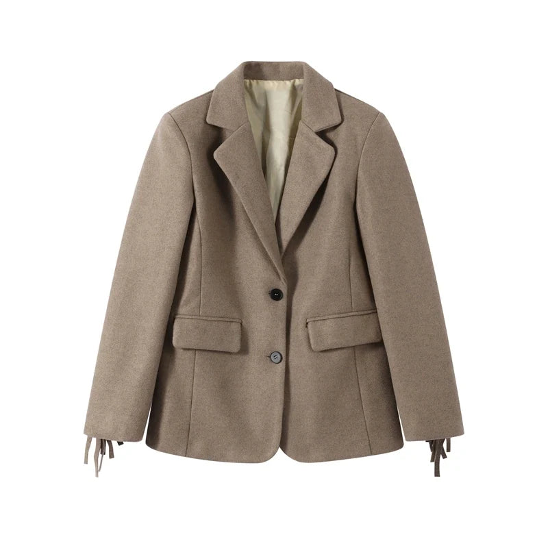 Tassels Woolen Suit Jacket Women Elegant Turn-down Collar Long Sleeve Single Breasted Pocket Autumn Winter Coats New Outerwears