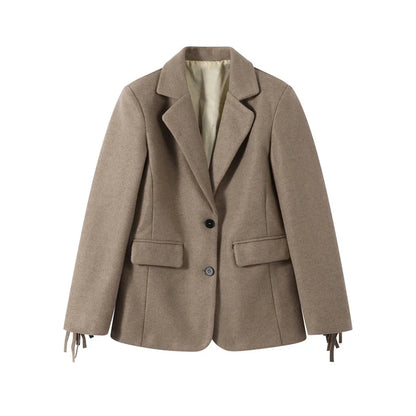 Tassels Woolen Suit Jacket Women Elegant Turn-down Collar Long Sleeve Single Breasted Pocket Autumn Winter Coats New Outerwears