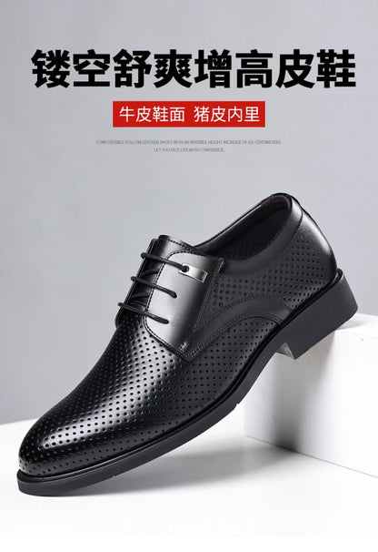 Mens Black Genuine Leather Perforated Metal Decor Lace Up Formal Business Office Breathable Summer Shoes Hollow Stylish Simple