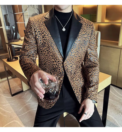 Splicing Leather Neck Casual Suit Jacket Fashion Leopard Men's Business Slim Fit Social Formal Blazers Wedding Groom Tuxedos