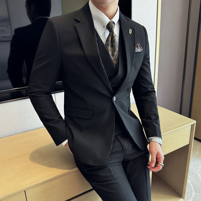Luxury Stripe Men Suit Korean Version Fashion Elegant Slim Fit Tuxedo Formal Groom Wedding Social Suits