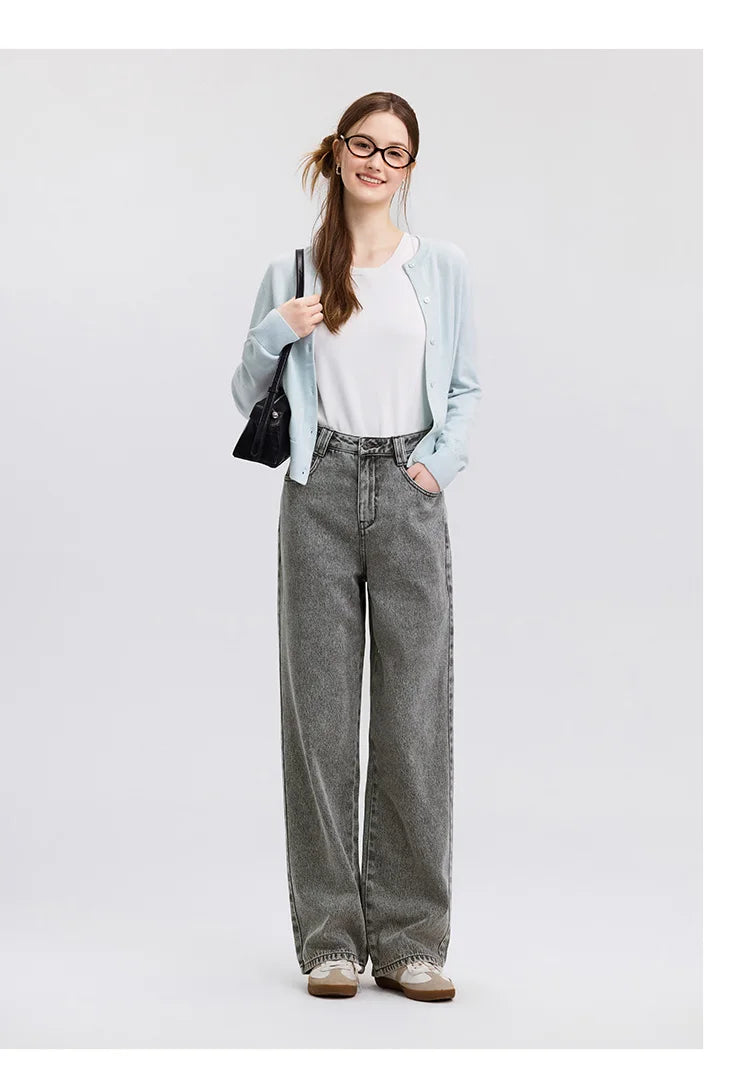 Jeans Women Heightening Pure Cotton Long Trousers Autumn 2024 New Flesh-hiding Wide-leg Trousers