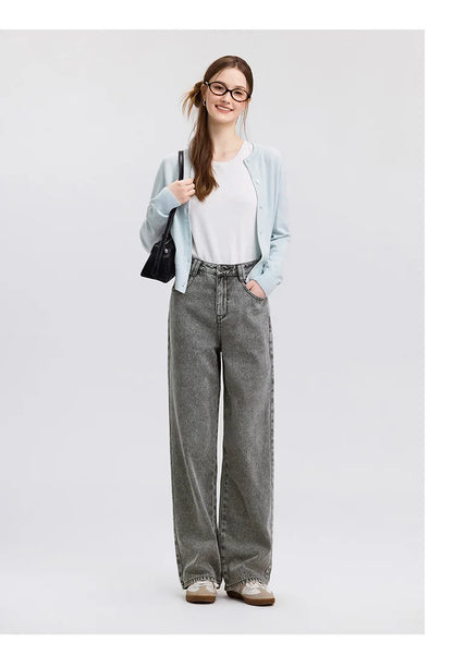 Jeans Women Heightening Pure Cotton Long Trousers Autumn 2024 New Flesh-hiding Wide-leg Trousers