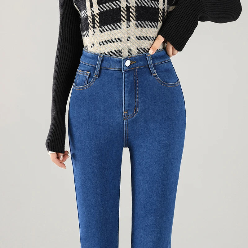 Women Thermal Jeans Winter Snow Warm Thickened Fleece Stretch Skinny Pencil Pants Fashion Korean Slim Fit Velvet Plush Pants