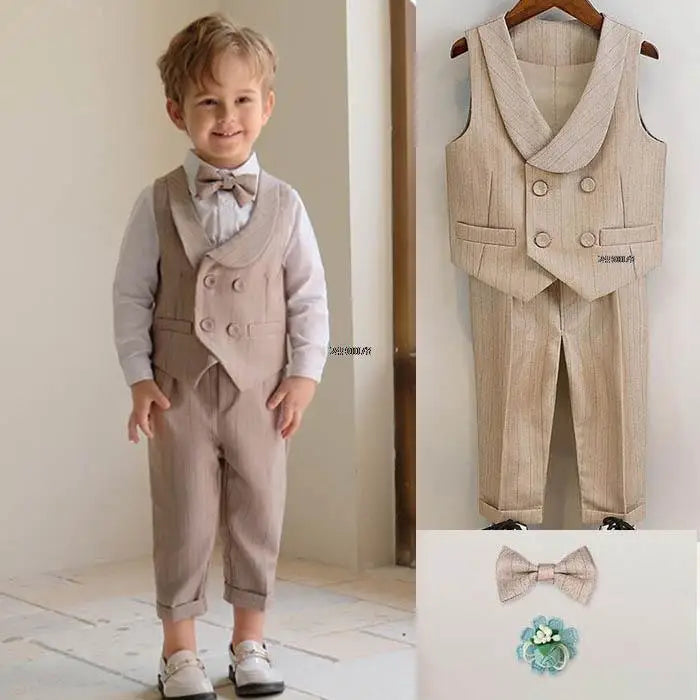 Children Luxurious Khaki Photography Suit Boys Formal Ceremony Costume Kids Birthday Wedding Party Performance Tuxedo Dress