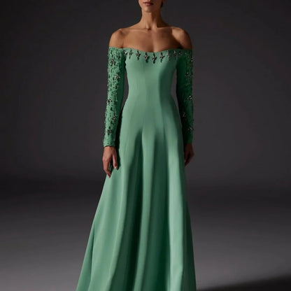 Customized Green Glitter Off The Shoulder Prom Dresses Long Sleeves فساتين للمناسبات الخاصة Strapless vestidos de festa