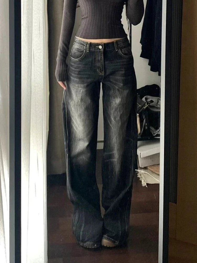2025 Autumn Winter Women's Black Denim Pants Low Rise Y2K Baggy Jean Japanese Dark Academia Cowboy Harajuku Grunge Stacked Jeans