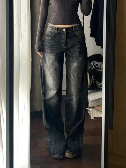 2025 Autumn Winter Women's Black Denim Pants Low Rise Y2K Baggy Jean Japanese Dark Academia Cowboy Harajuku Grunge Stacked Jeans
