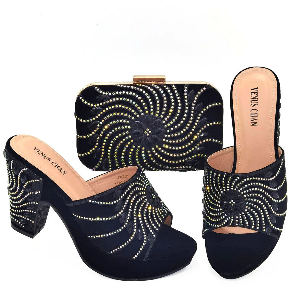 2023 The Latest Italian Design Rotary Rhine-Diamond Floral Thick Heel Platform Women's Comfortable Shoes Bag and Shoe Set