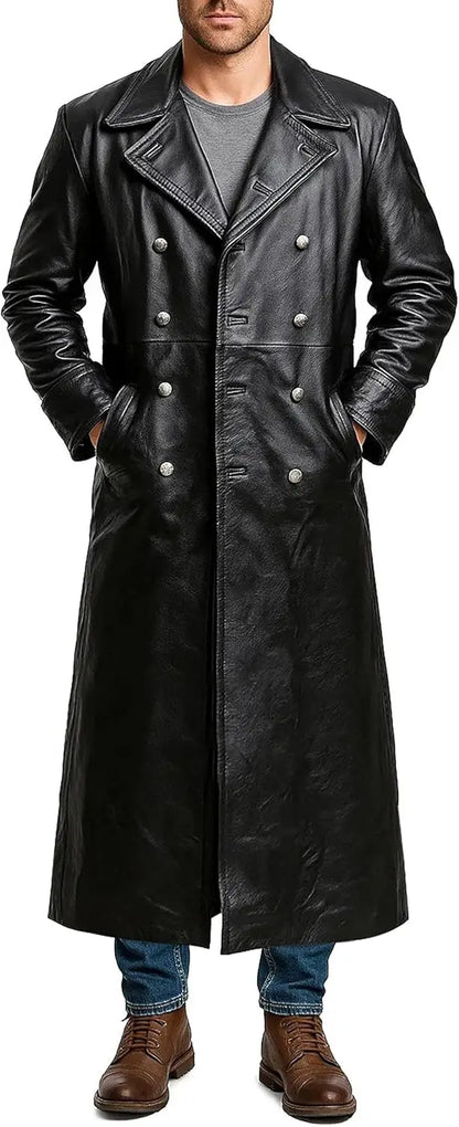 Men's Black Leather Long Trench Coat Marine Imperial Navy U-Boat Submarine Captain Brown Leather Jacket