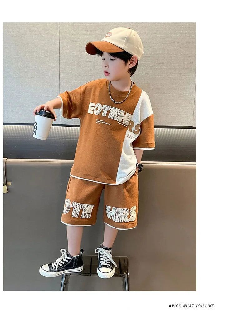 Summer Boys Contrast Patchwork Alphabet Waffle Tee Tops+Shorts Pant School Kids Tracksuit Child 2PCS Outfit Workout Set 5-16 Yr