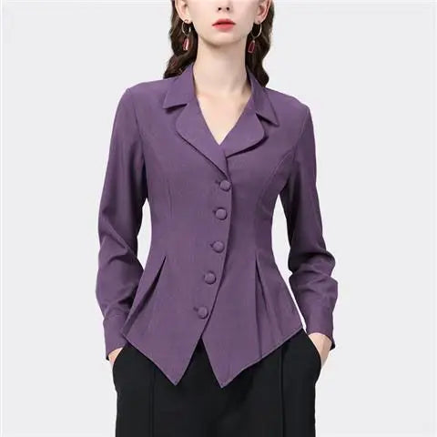 Temperament Skinny Solid Notched Pleated Button Elegant Blazers Graceful Intellectual Women's Clothing 2022 Thin Autumn Winter