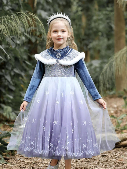 Girls' Spring 2026 New Velvet Elsa Frozen Princess Dress Kids Blue Cape 2 Piece Set Warm Dresses For Girl Party 3-9 Years Old ﻿