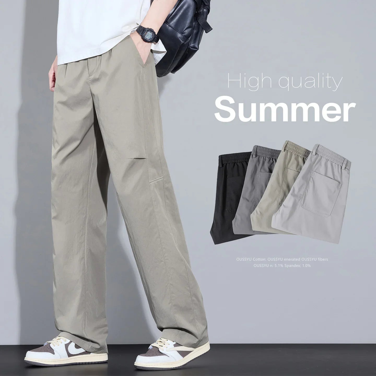 2026 New High Quality Summer Casual Pants Men Solid Color Straight Work Light Gray Outdoor Style Youth Khaki Thin Trousers Male