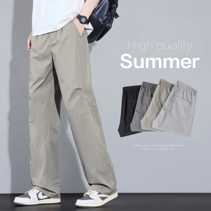 2026 New High Quality Summer Casual Pants Men Solid Color Straight Work Light Gray Outdoor Style Youth Khaki Thin Trousers Male