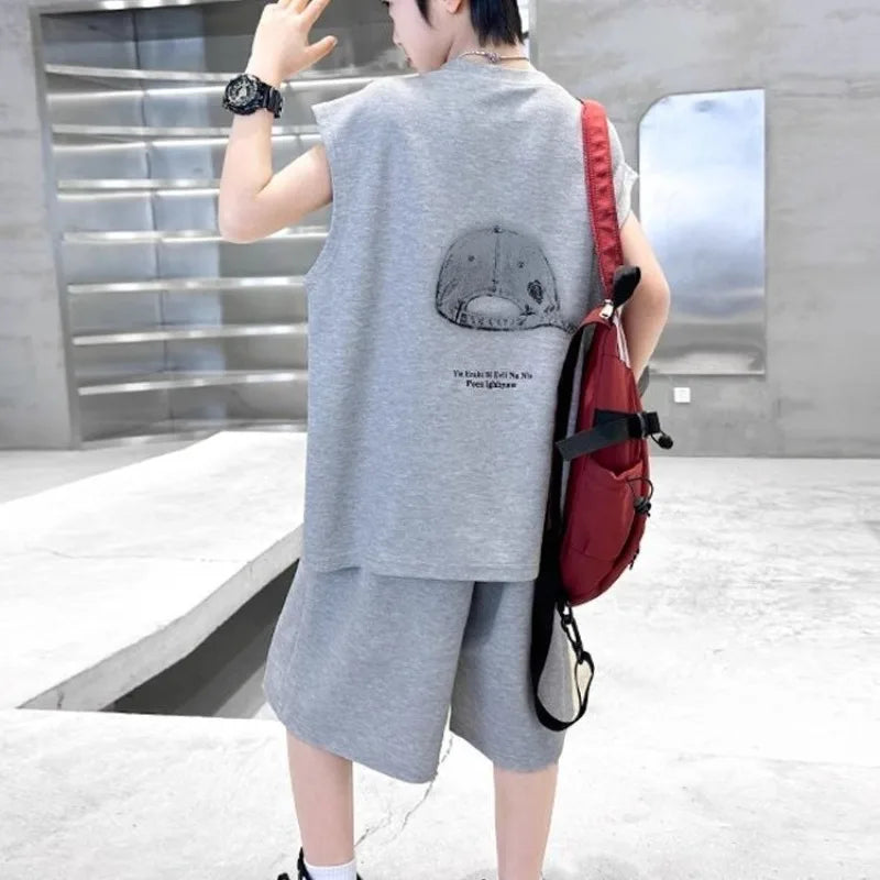Boys' 2025 Summer New Arrival Sleeveless Two-Piece Vest & Sports Set for Big & Tall Kids
