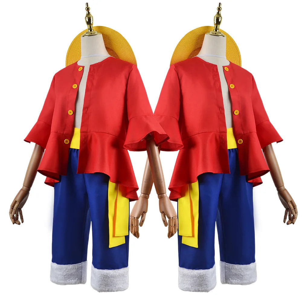 Anime Monkey D Luffy Cosplay Costumes ONE PIC Sun God Luffy Cosplay Red Suits Hat Halloween Carnival Costume For Adult Kids