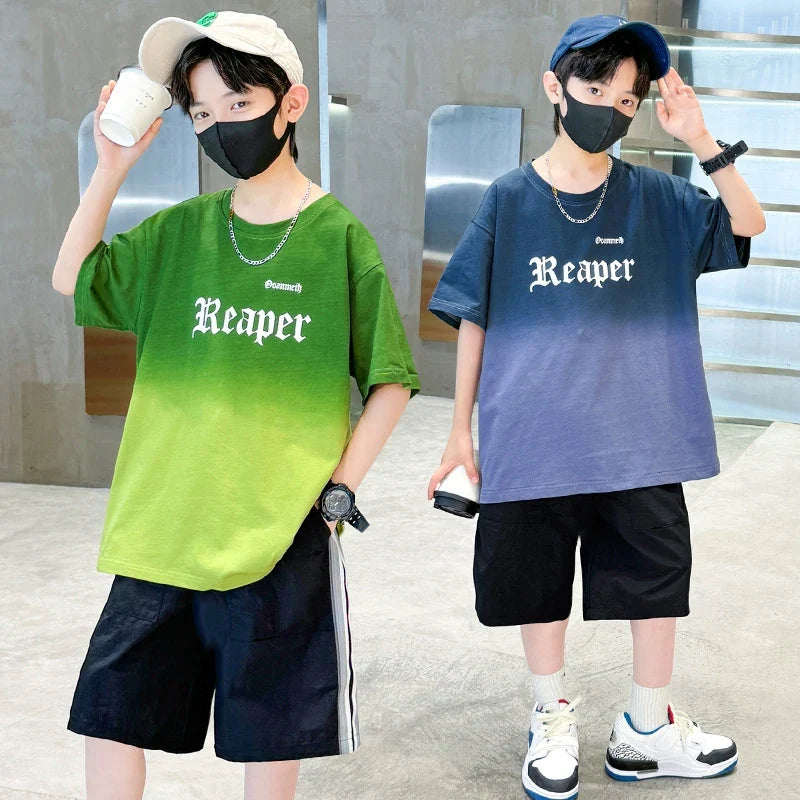 Children Summer Set for Boy Cotton Short Sleeve T-shirt And Shorts Clothing Set Kids Hip Hop Rapper Outfit Suit 2 Pcs Tracksuit
