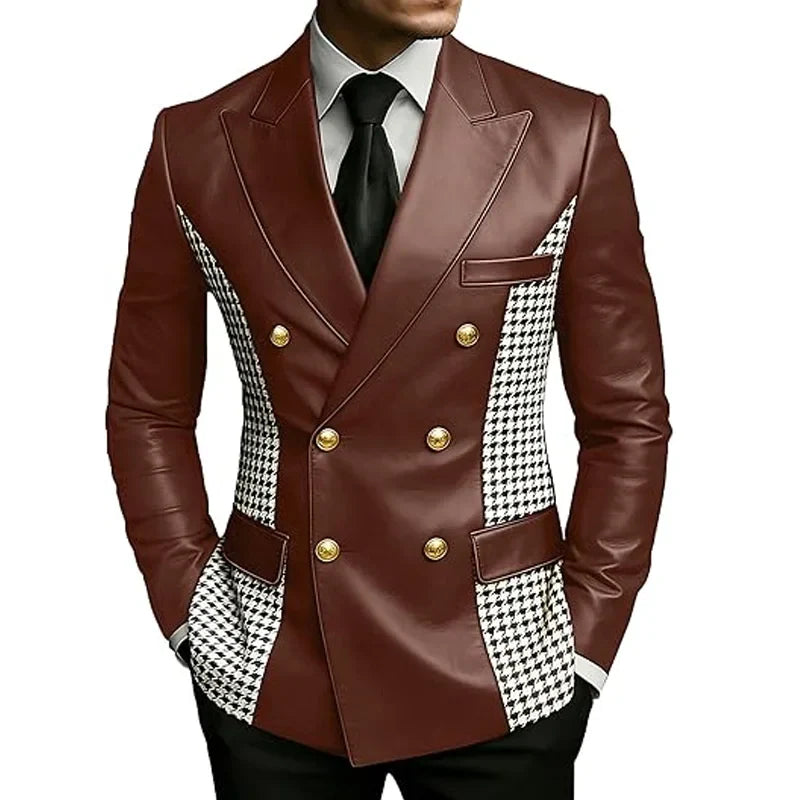 Men’s Brown Leather Blazer With Houndstooth Sides Vintage Two-Tone Double Breasted Slim Fit Gold Buttons Leather Tuxedo Jacket