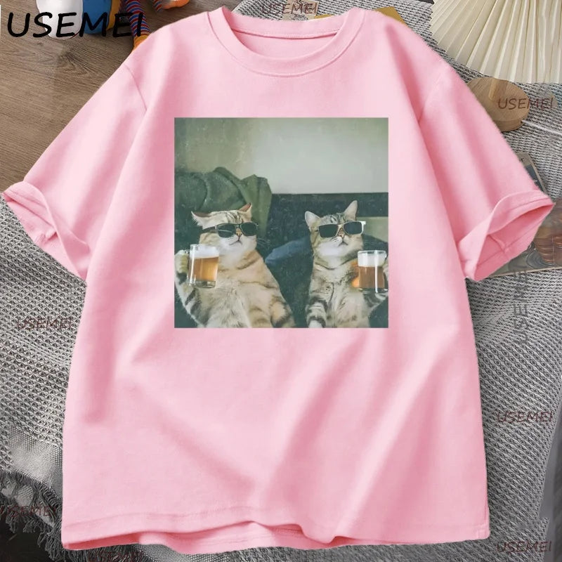 Funny Cool Cat Drinking Beer T-shirt Casual Cotton Short Sleeve T Shirt Man Clothes Harajuku Round Neck Men's Designer Tops