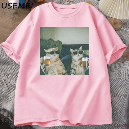 Funny Cool Cat Drinking Beer T-shirt Casual Cotton Short Sleeve T Shirt Man Clothes Harajuku Round Neck Men's Designer Tops