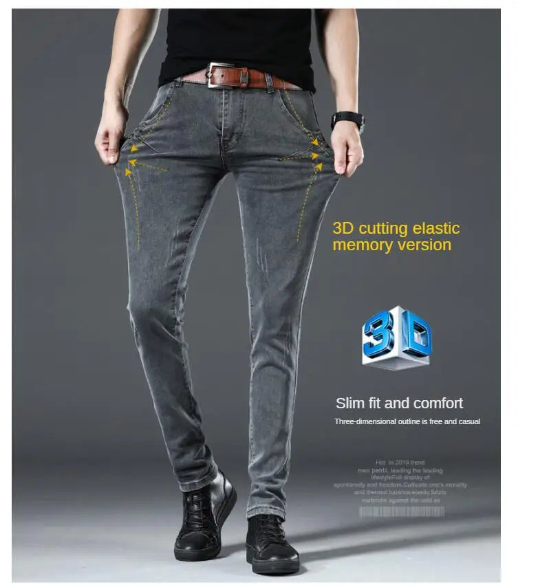 Winter Thick Plus Velvet Men Middle Waist Skinny Jeans Simple Fleece Warm Slim Fit Stretch Boy Casual Denim Pencil Pants