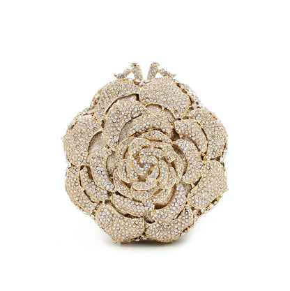 Luxury Rose Shape Diamond Rhinestone Clutch Bag Hollow Metal Banquet Wedding Handbag Women Evening Bag