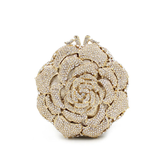 Luxury Rose Shape Diamond Rhinestone Clutch Bag Hollow Metal Banquet Wedding Handbag Women Evening Bag