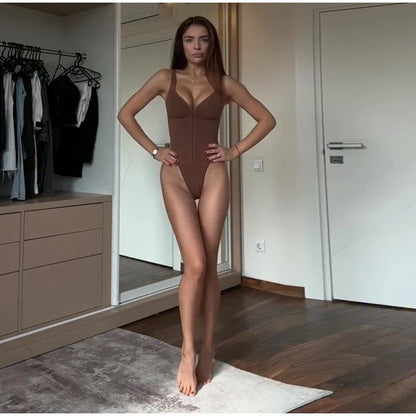 Sexy Tight Corsets Women's Bodysuit Sleeveless V-Neck Zipper Lady Playsuits 2026 Spring Summer Female Slim Backless Romper