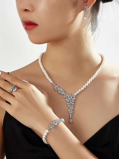 Trendy Pearl Tassel Necklace 4PCS Jewelry Set For Women Wedding Party Full Zircon Dubai Bridal Jewelry Set Gift