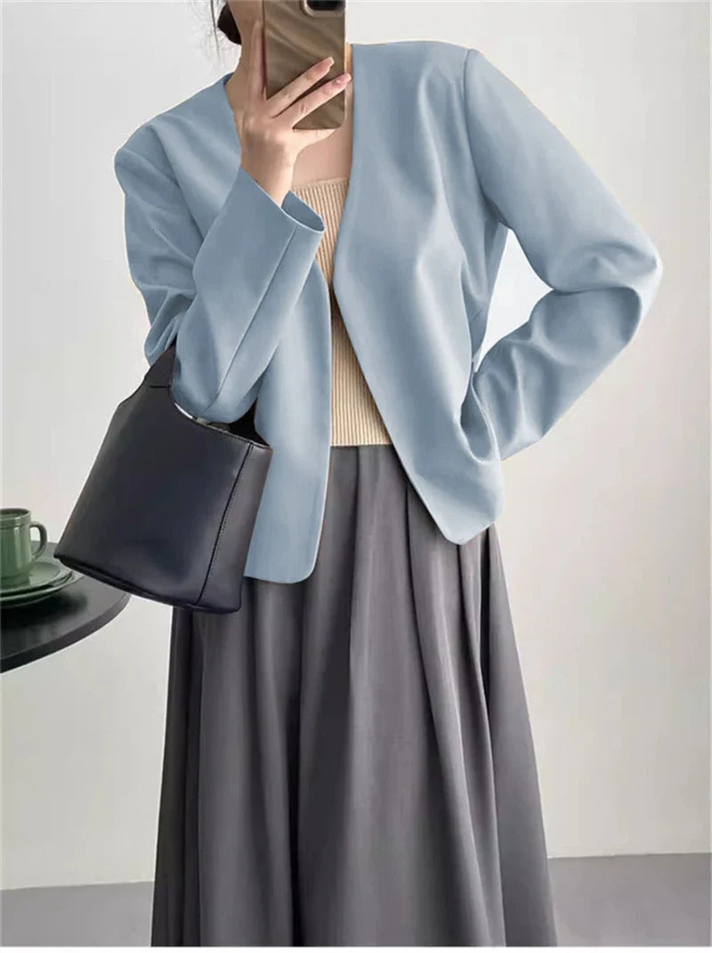 2025 Spring Autumn Fashion New Women's Suit Jackets Solid Short Coats Korean Blazers Long Sleeve Cardigan Coat Without Placket