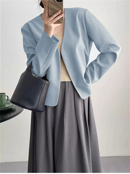 2025 Spring Autumn Fashion New Women's Suit Jackets Solid Short Coats Korean Blazers Long Sleeve Cardigan Coat Without Placket