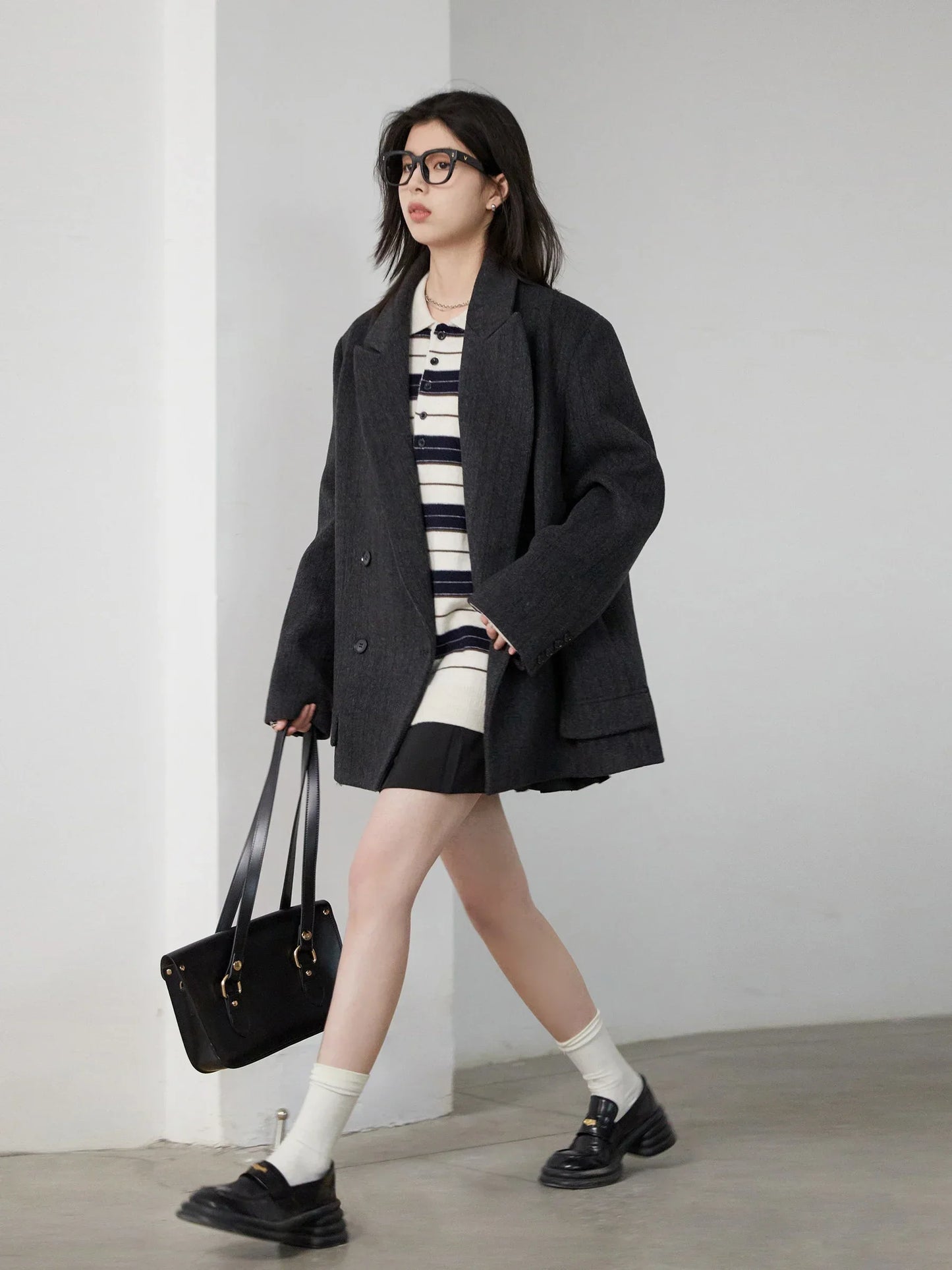 Women Woolen Blazer Loose Vintage V Neck Female Jacket Suit Double Breasted Office Ladies Coat Spring Autumn 2025