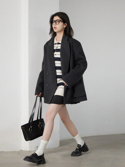Women Woolen Blazer Loose Vintage V Neck Female Jacket Suit Double Breasted Office Ladies Coat Spring Autumn 2025