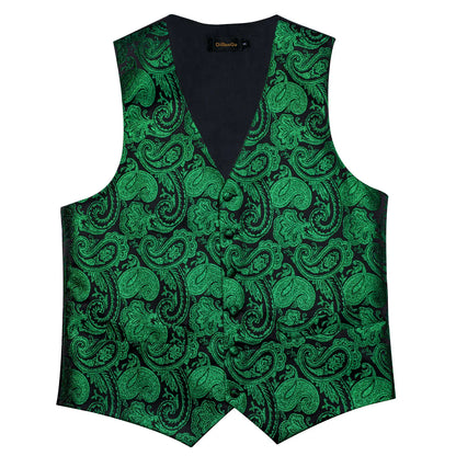 Luxury Green Paisley Solid Silk Suit Vest for Men Wedding Waistcoat Neck Tie Set Party Tuxedo Men Clothing DiBanGu