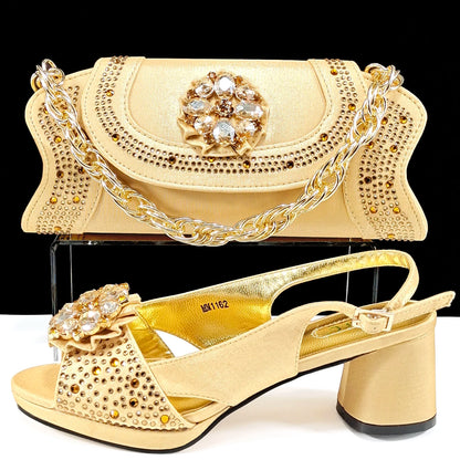 Open Toe Women Heels for 2024 Elegant Party Olive Color Diamond Pumps Italian Shoes and Bags Matching Set