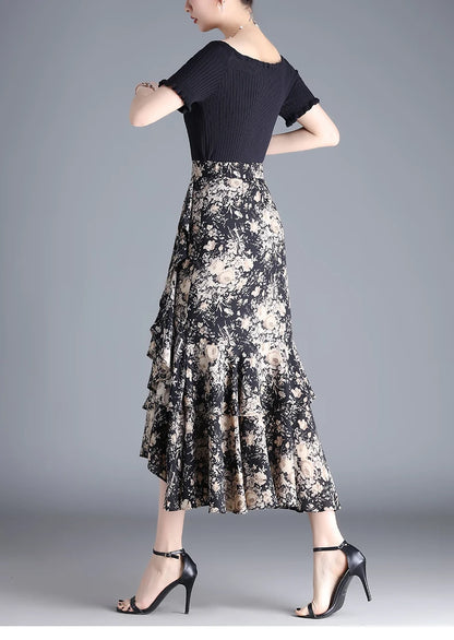 Fashion Irregular Fishtail Chiffon Skirts Elegant High Waist Summer Luxury Party Skirt Female Ruffles Long Skirts