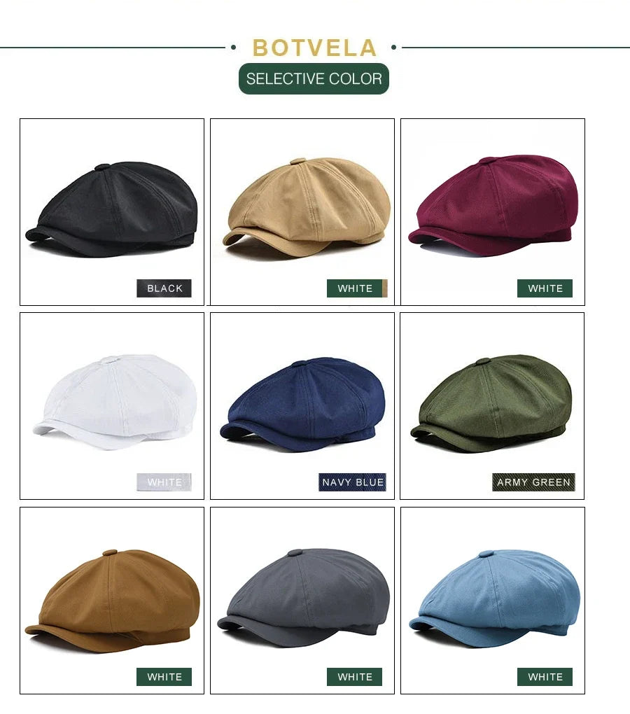 Men's Newsboy Cap Twill Cotton 8 Panel Hat Flat Ivy Cabbie Casual Baker Caps Gatsby Hat Retro Hats Boina Beret for Male
