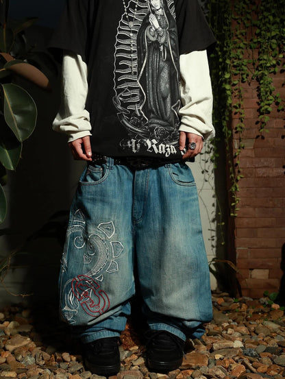 New White Jeans Y2K Dragon Pattern Mens American High Street Retro Korean Straight Pants Harajuku Hip-Hop Couple Wide Pants