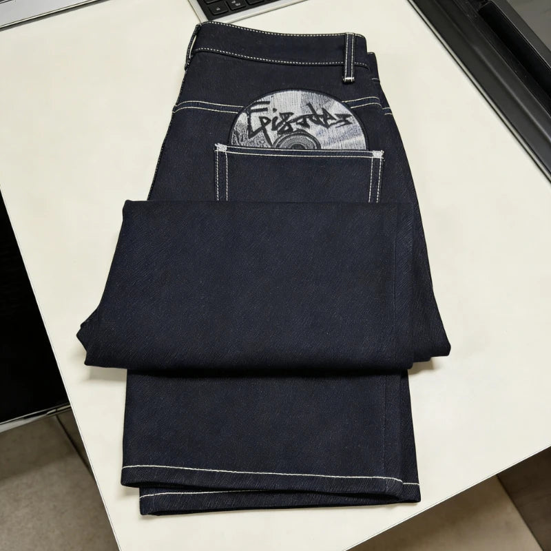 Y2K HipHop Chic Denim Jeans Trendy Disc Embroidered Pattern Retro Straight Leg Pants Casual Simple Streetwear Unisex Baggy Jeans