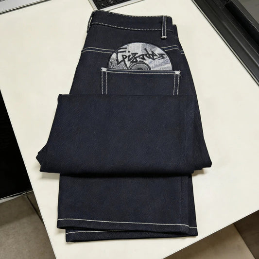 Y2K HipHop Chic Denim Jeans Trendy Disc Embroidered Pattern Retro Straight Leg Pants Casual Simple Streetwear Unisex Baggy Jeans