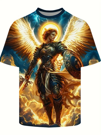 Mens 3d Angel Warrior Graphic T Shirt Golden Sword Design 3D Printed Tshirt For Men Clothes Wing Ornate Border Unisex Tee Tops
