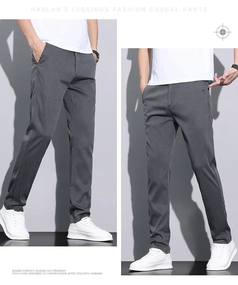 Fiber Fabric Summer Men's Casual Pants Fashion Thin Soft Breathable Elastic Business Slim Straight Trousers Black Gray