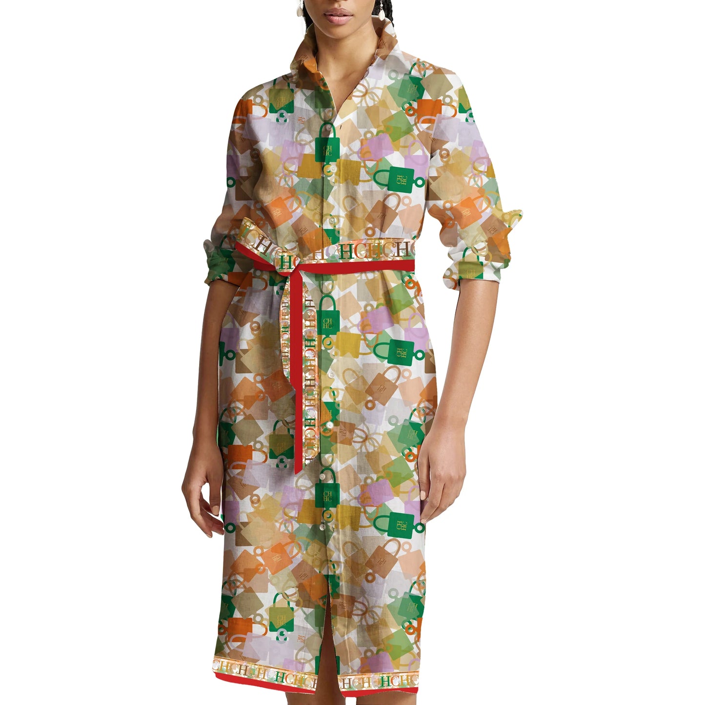 Vintage Printed Midi Dress For Women Fashion V Neck Long sleeves Bodycon Dresses 2024 Summer Lady Street Robes