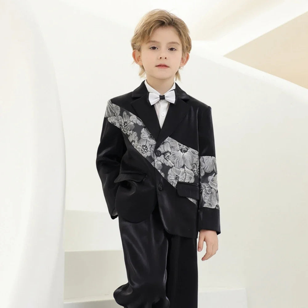 Handsome Patterned Boys Slim Fit Suits 2 Pieces Jacket Pants Piano Performance Wear Notched Lapel Kids Suit Set Wedding Tuxedo