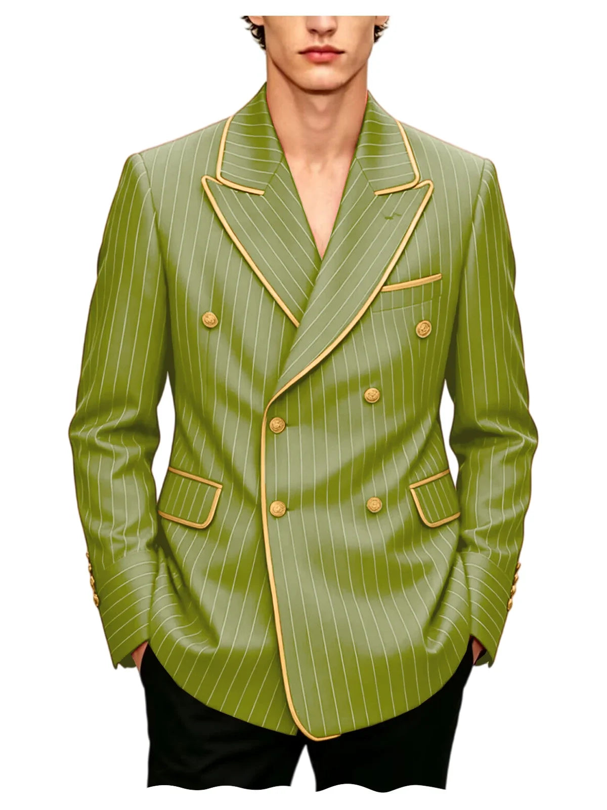 Luxury Men's Pinstripe Blazer Gold Trim Peak Lapel Formal Suit Breathable Lightweight Jacket for Business Party Wedding Coat