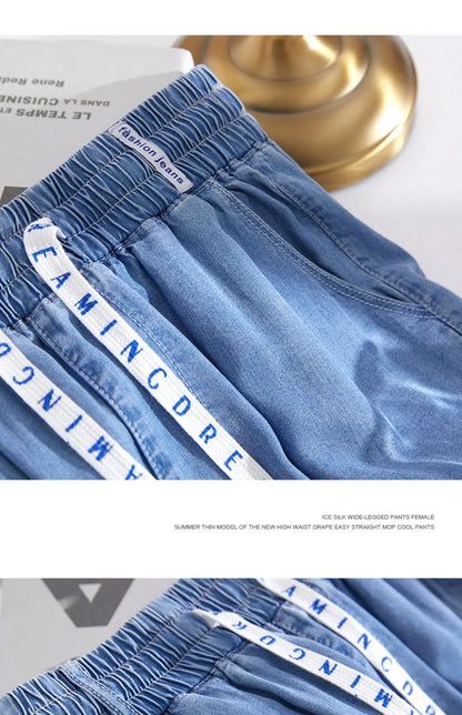 Plus Size Loose Fit Ice Silk Jeans Casual Yoga Demin Pants Women's Summer Trendy Brand Thin Wide Leg Pants Feel Comfortable