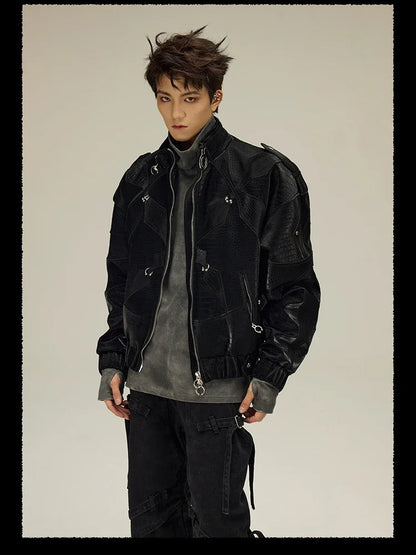 Spring Autumn Cool Handsome Crocodile Print Patchwork Pu Leather Jacket Men Color Block Luxury Designer Clothes 2024
