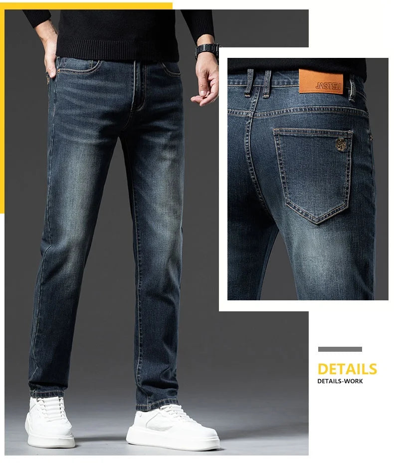 2025 New High-end High-quality Denim Double-core Cotton Elastic Jeans Retro Nostalgic Men's Straight-fit Trousers